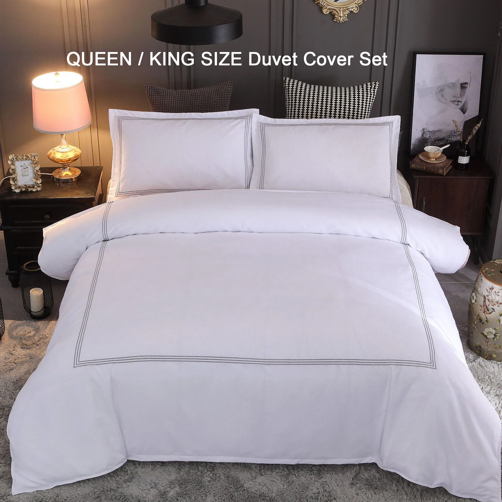 Embroidery Polyester Soft Duvet Cover Set Queen King Size Simple