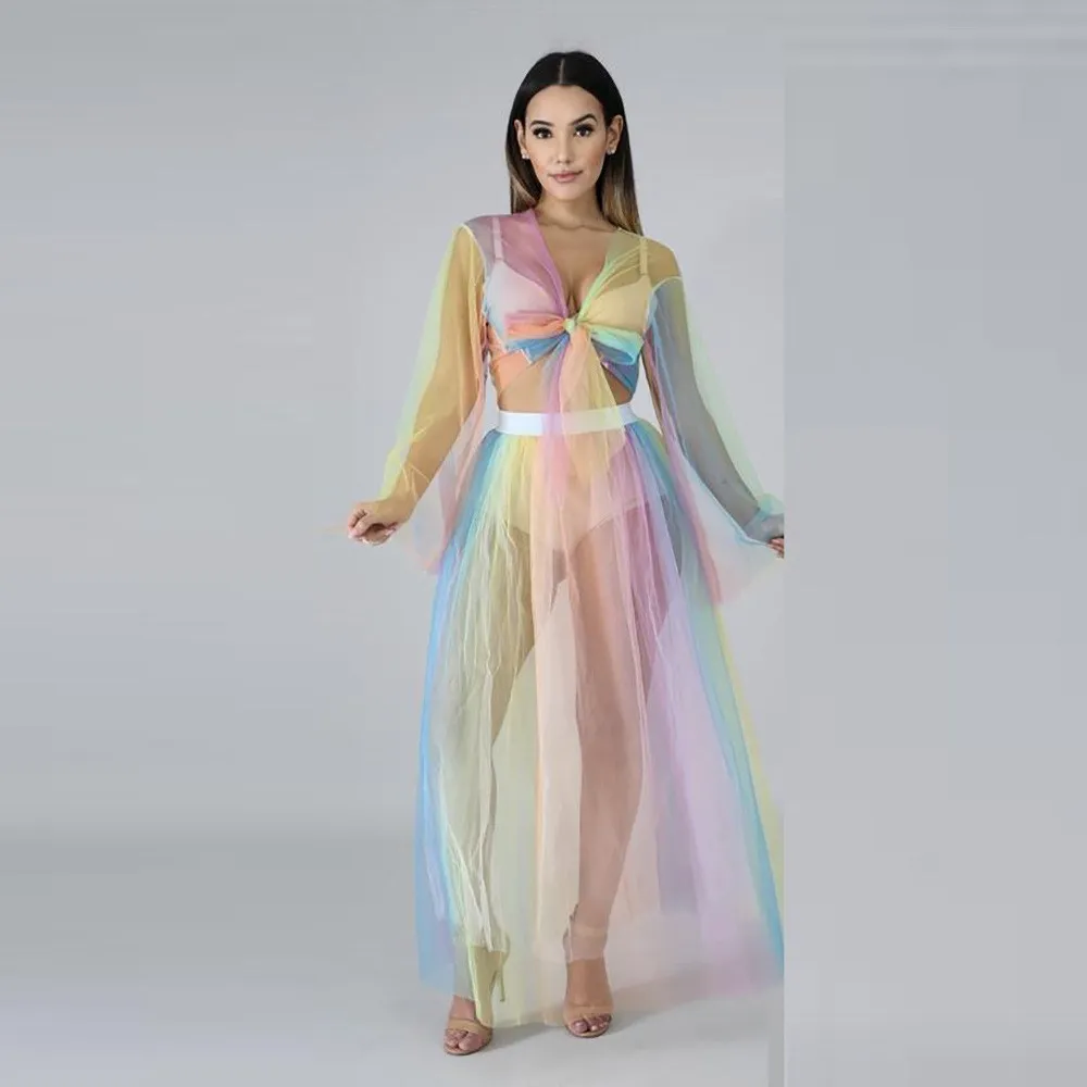

Rainbow Striped 2 Piece Outfits Women Mesh Spliced Long Sleeve Crop Top Maxi Skirts Chiffon Suits Summer Sexy Sets