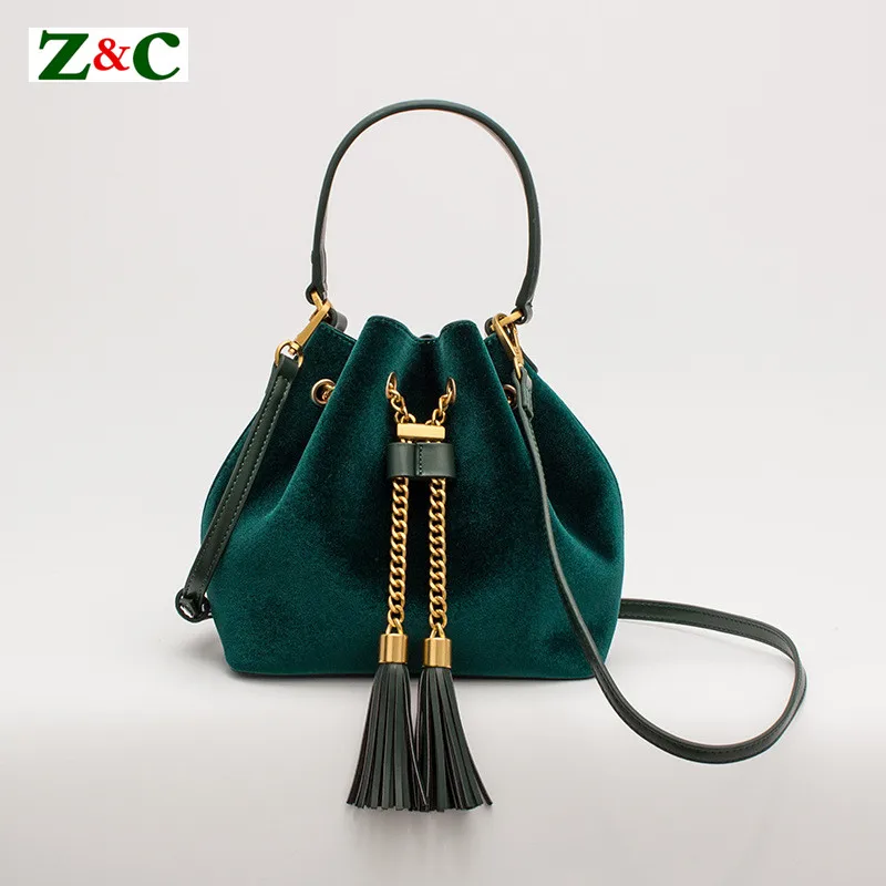 Luxury Women Bucket Bag Velvet Leather Velvet Ladies Handbag Tassel