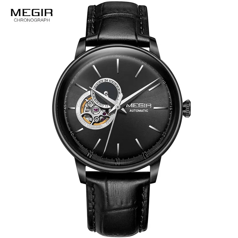 Мужские механические наручные часы MEGIR с кожаным ремешком, модные повседневные деловые наручные часы для мужчин, водонепроницаемые, 5 бар, 62057G-BK-1
