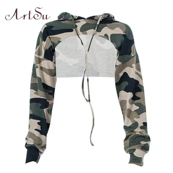 

ArtSu Camouflage Harajuku Hoodies Hooded Sexy Cropped Hoodie Long Sleeve Sweatshirts Ladies Tracksuit Crop Top ASHO20049