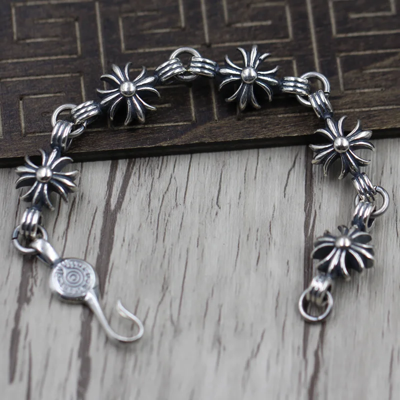 

Thai Silver Personality Cross Army Flower Bracelet Retro Punk Hand Ring Sterling Silver 925 Jewelry