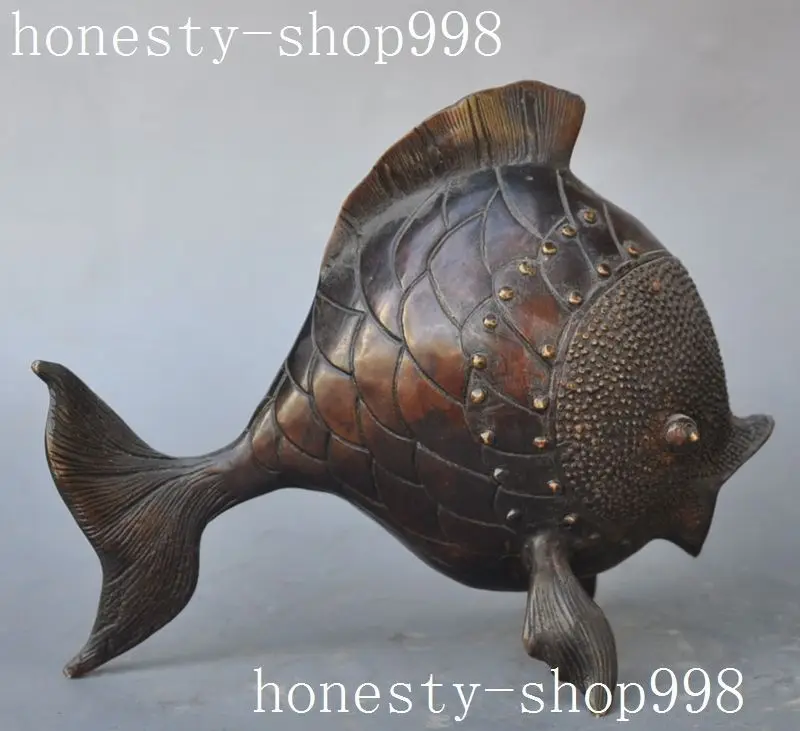 

7" Interesting Old Chinese Copper Animal Fish Art Auspicious statue sculpture