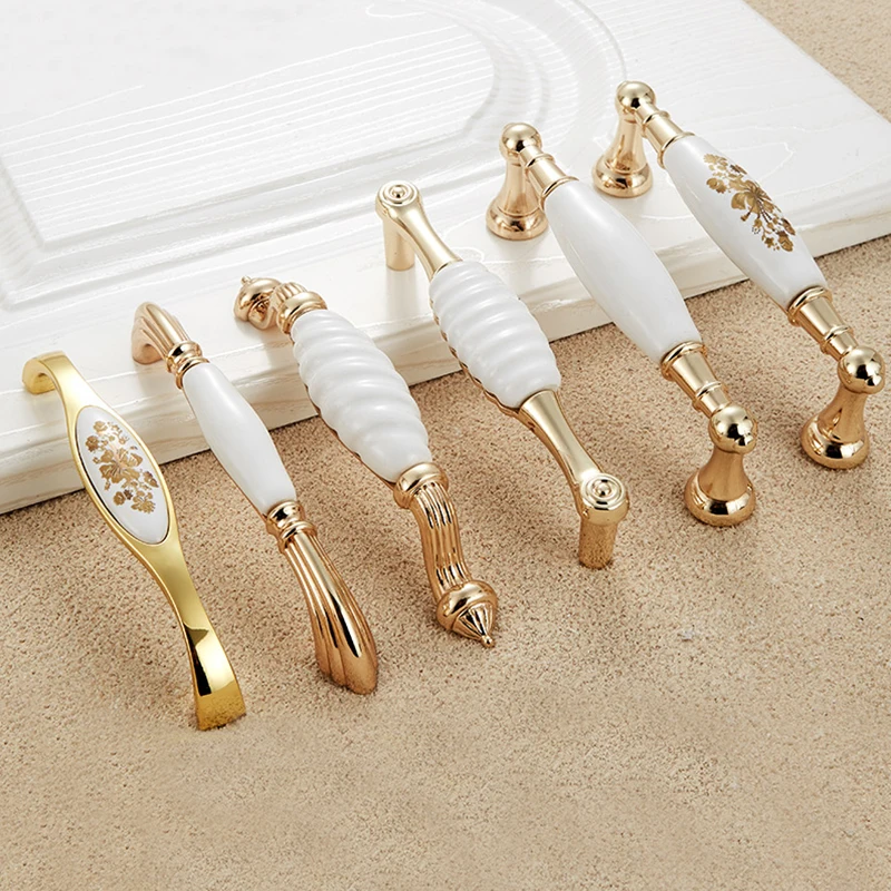NAIERDI Gold White Creamic Gold Cabinet Handles Knobs Drawer Pulls Kitchen Door Handles Furniture Handle Cabinet Door Hardware
