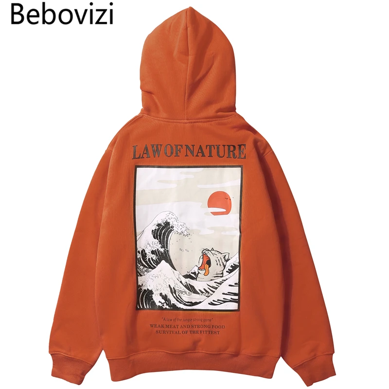 

Bebovizi Hip Hop Chinese Style Hoodie Japanese Streetwear Style Waves Cat Print Pullover Hoodies Orange Sweatshirts Men Winter