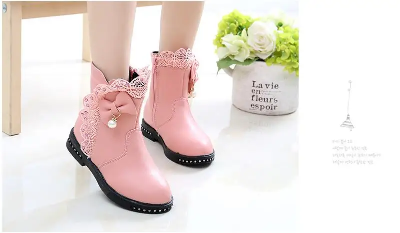 New Winter Girls High Boots Cute Bow Waterproof Female Children Snow Boots Fashion Warm Girls Kids Shoes