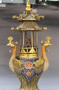 

18" Cloisonne Enamel Gilt Phoenix Bird Stupa Pagoda Tower Incense Burner Censer