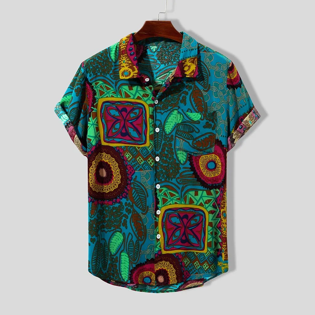 

Mens Beach Hawaiian Shirt Tropical Vintage Ethnic Printed Turn Down Collar Short Sleeve Loose Button Down Shirts Plus Size