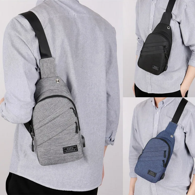 Men's Fashion New Crossbody Outdoor Travel Shoulder Bags Waterproof Chest Bags with Headphone Hole and USB Charging Port