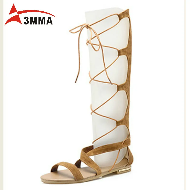 3mma Brand 2016 Sexy Summer Thigh High Gladiator font b Sandals b font Open Toe Flat
