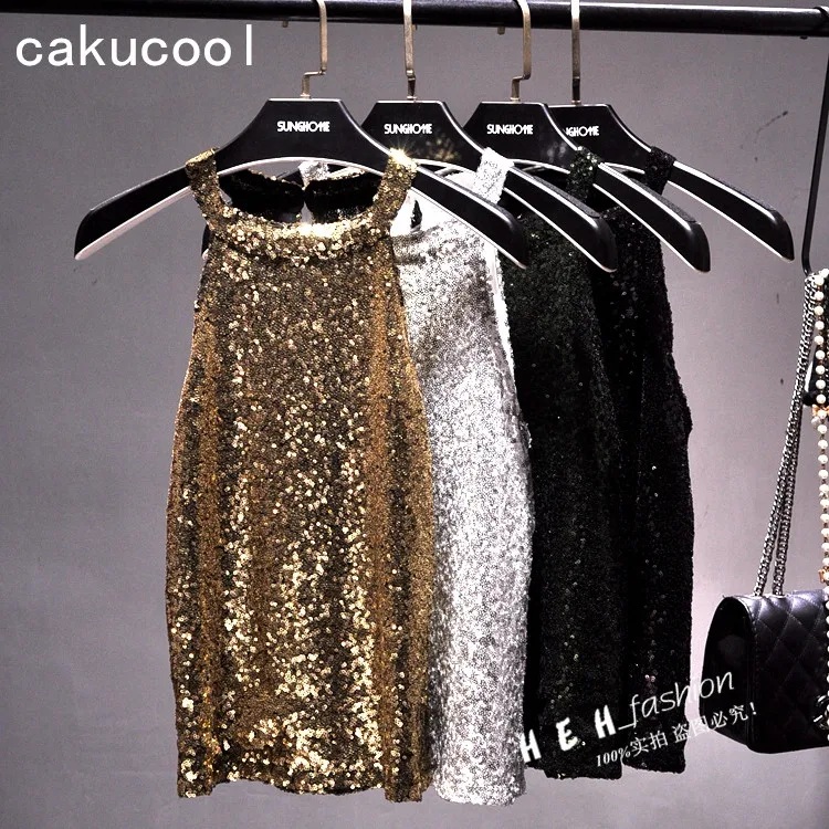 

Cakucool Summer Tops Women Shiny Sequined Tank Slim Halter Gold Camisole Sexy Bling Evening Party Tank Camis Top Femme