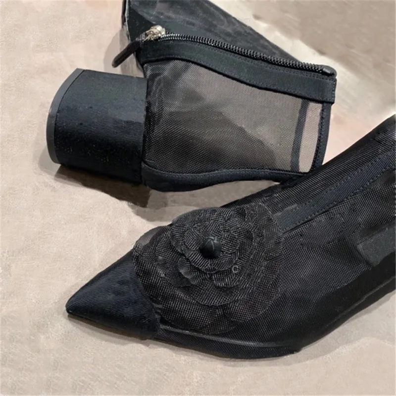 Blanco Nueva Tacones Punta Negro De Venta Lateral Mujeres Botas Malla Delgado Cremallera Aire Chunky Black white Decoración Tobillo Color Elegante pw74xqRpra