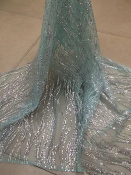 

high quality yaking-185 African French net tulle Lace Fabric for party Hot selling beaded glued glitter sequins lace fabric