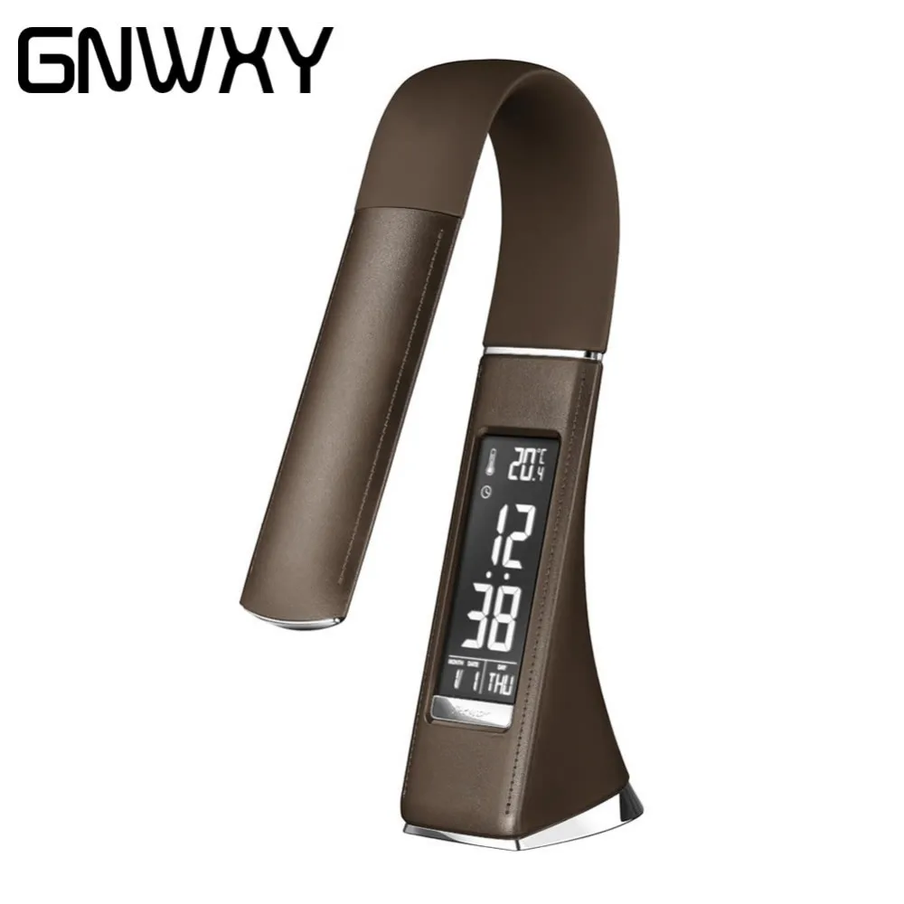 

Novelty LED Business Desk Lamp Touch Sensor Switch Leather Gooseneck Reading Table Lamp With Alarm Clock/Calendar LCD Display