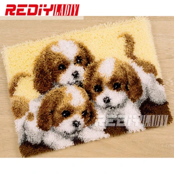 

Hot 3D Latch Hook Rug Kits DIY Needlework Unfinished Crocheting Rug Yarn Cushion Mat Three Dogs Handicraft Embroidery Carpet Rug