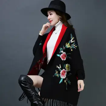 

Women 2019 Autumn Tassel Batwing Sleeve Floral Embroidery Cashmere Sweater Shawl Knitted Poncho Women Tricot Coat Cape K189