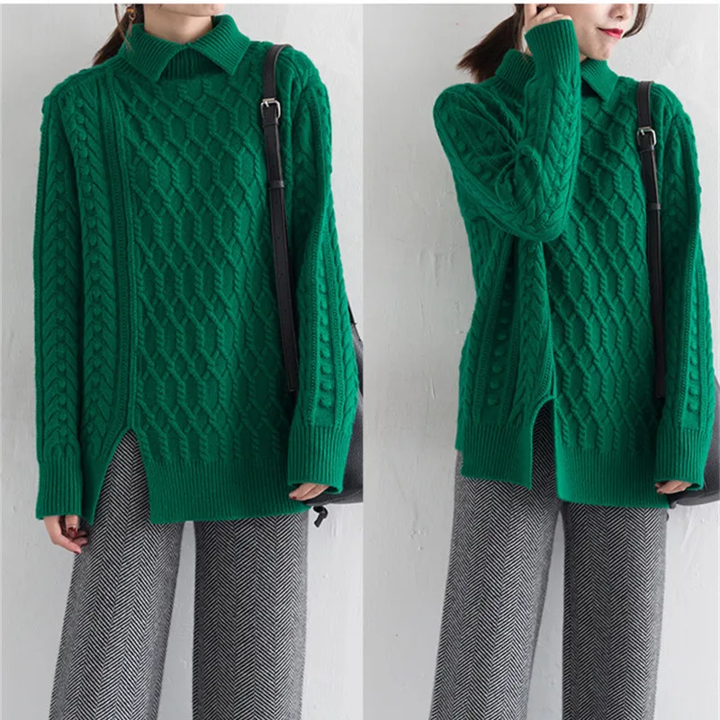 Femmes Tordu Irrégulière Tricot Vert ourlet Mi Col m Épais Ouvert S Longueur Long Émeraude Pull Haut Chandail Chèvre Cachemire Hq5wI