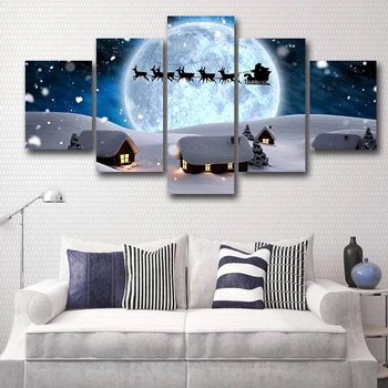 

Canvas painting 5 piece wall art prints Santa Claus driving in a snow night decoration for home poster baby room