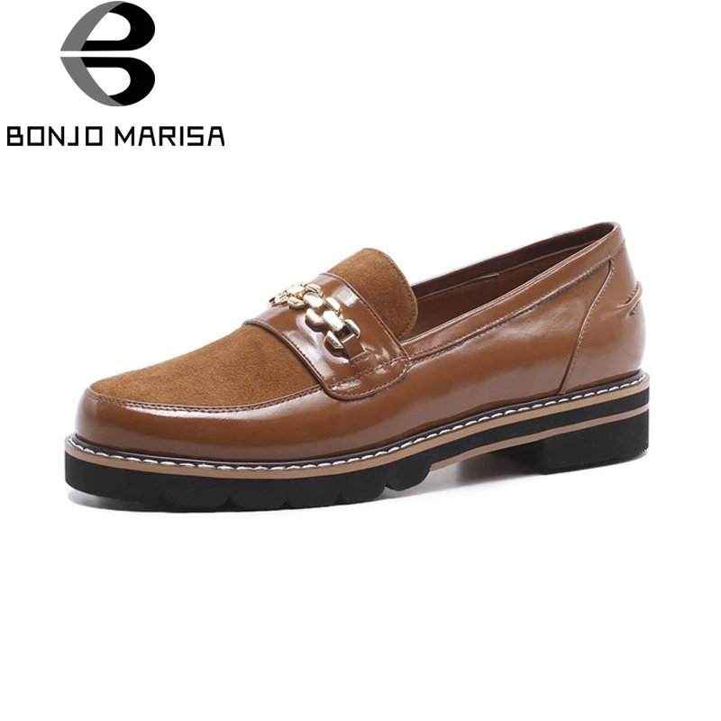 

BONJOMARISA New women's Patent Leather Flat Metal Decoration slip-on Round Toe Shoes Woman Casual Flats Big Size 33-43