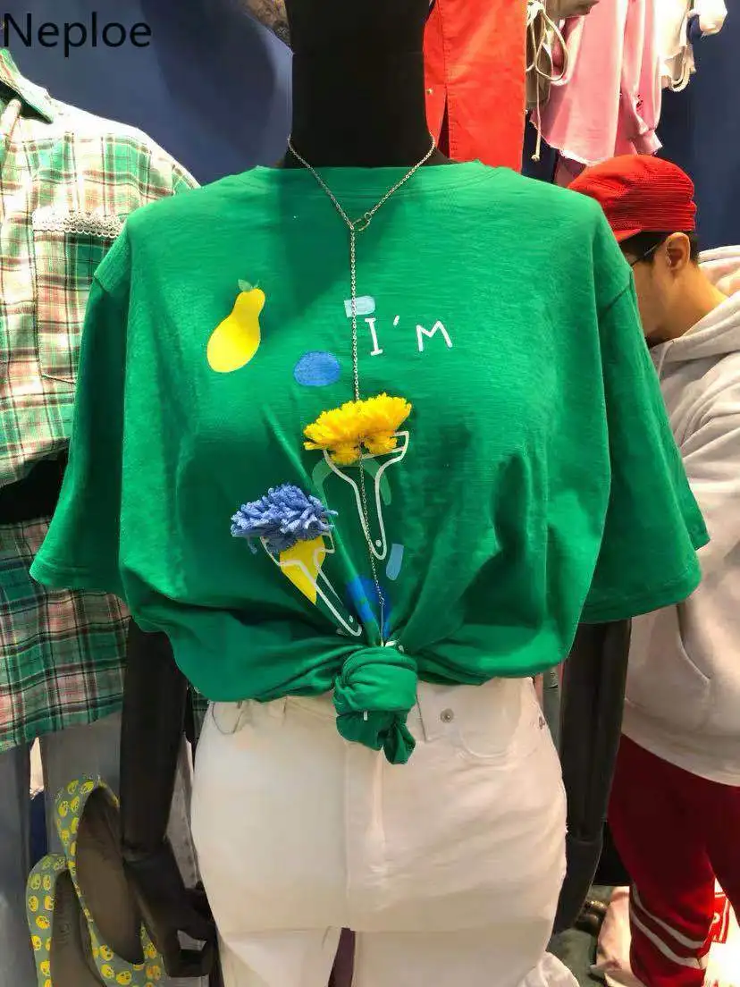 

Neploe Letters Printed T Shirts 3D Flower Korean O-neck T-shirt 2019 Summer Short Sleeve Women Shirts High Quality Top Tee 52938