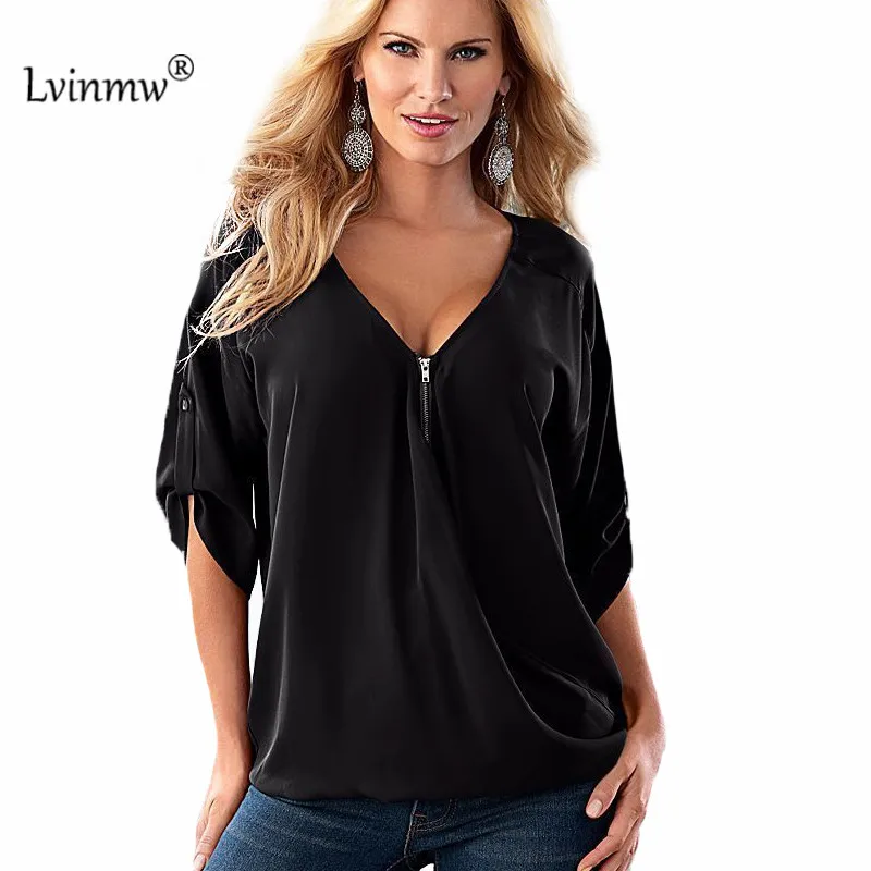 Lvinmw Summer 2017 Zipper V Neck Fashion Women Blouses Draped Half Sleeve Chiffon Tops Street Casual Blusas 12 Color's Plus Size |