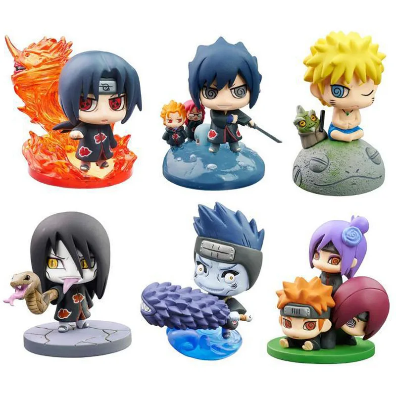 

2018 New 6pcs/set Naruto Sasuke Uzumaki Kakashi Gaara Action Figure With Mounts Japan Anime Collections Toys Gift For Kids #E