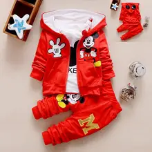 Детский комплект одежды для мальчиков, зимние комплекты из 3 предметов костюмы с пальто с капюшоном Осенняя хлопковая одежда с рисунком Микки для маленьких мальчиков возрастом от 1 года до 5 лет