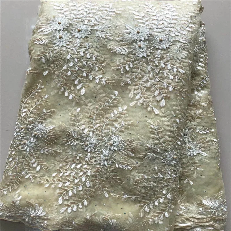 

High Quality Beaded lace fabric flowers embroidered lace fabric 5 yards bridal Lace Fabric African tulle lace fabrics HX1240