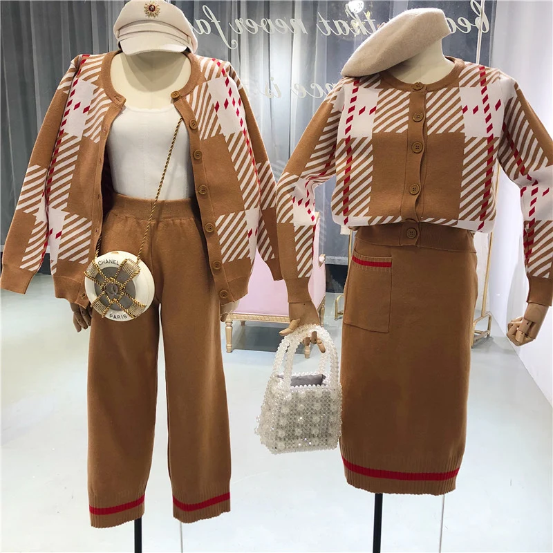 Amolapha женские вязаные Полосатые кардиганы + брюки 2 шт. комплекты одежды вязаный