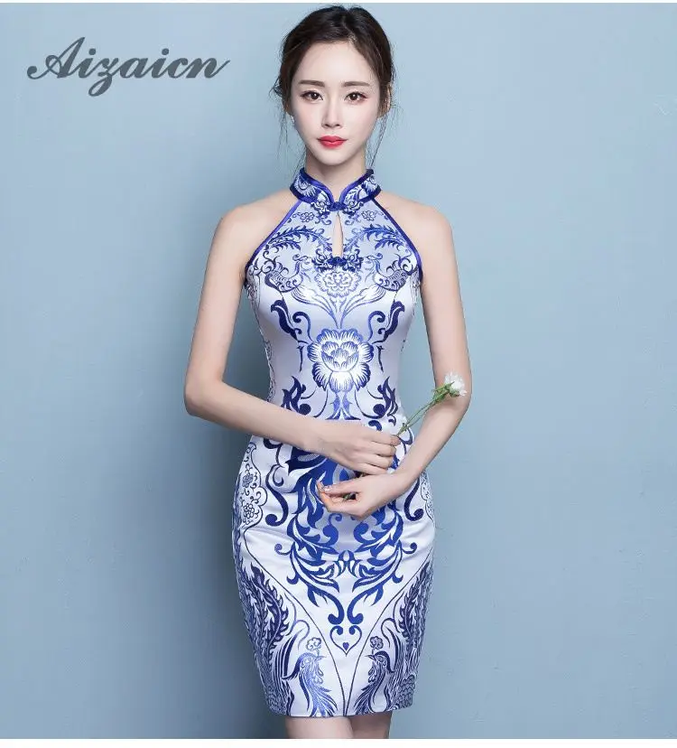 Синий Xiaqinghua фарфор церемонии Cheongsam юбка китайское платье современные Qipao Винтаж сексуальный Восточный халат Chinoise Qi Pao