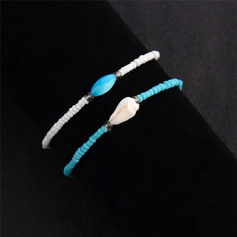 NEWBUY 2pcs/Set Blue/White Color Beads Ankle Bracelet Hot Sale Natural Shell Anklets For Women Bohemian Jewelry Wholesale