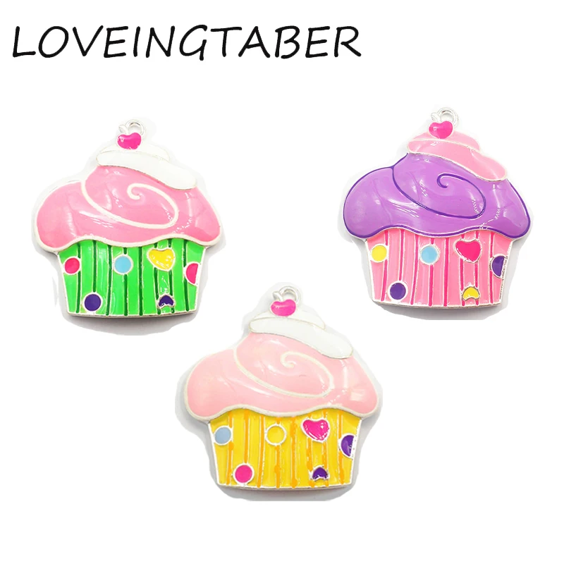 (Choose Color First) Newest 42mm*40mm 10pcs /lot All Enamel Silvery Colorful Cupcake Pendants For Kids Jewelry Making |