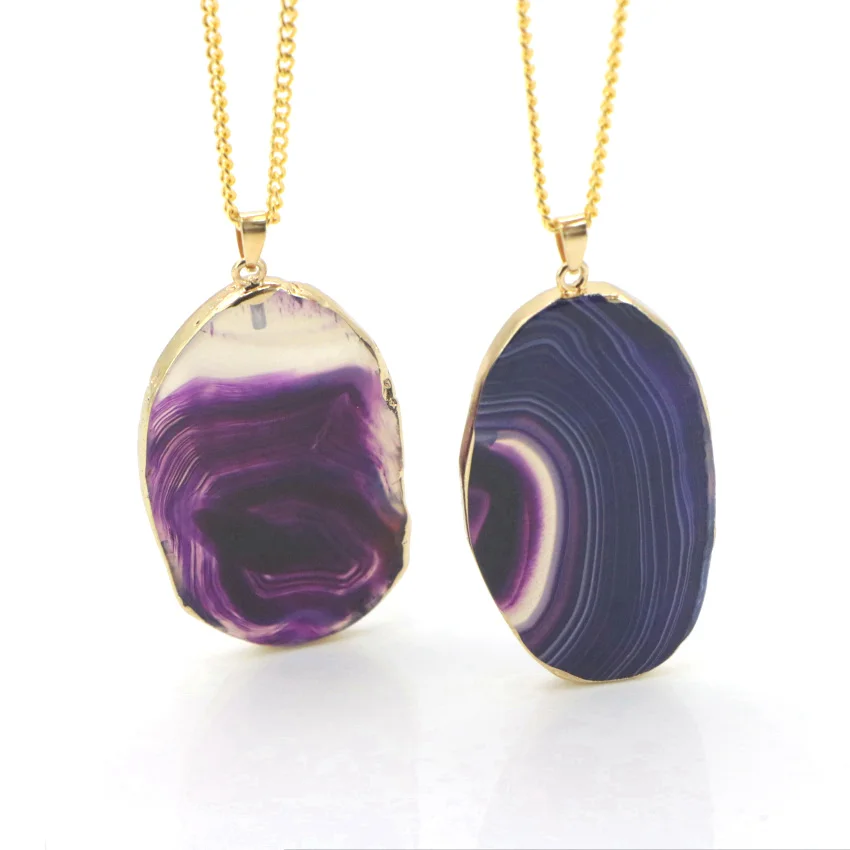 Natural Purple Agate Pendant gold plated necklace (17)
