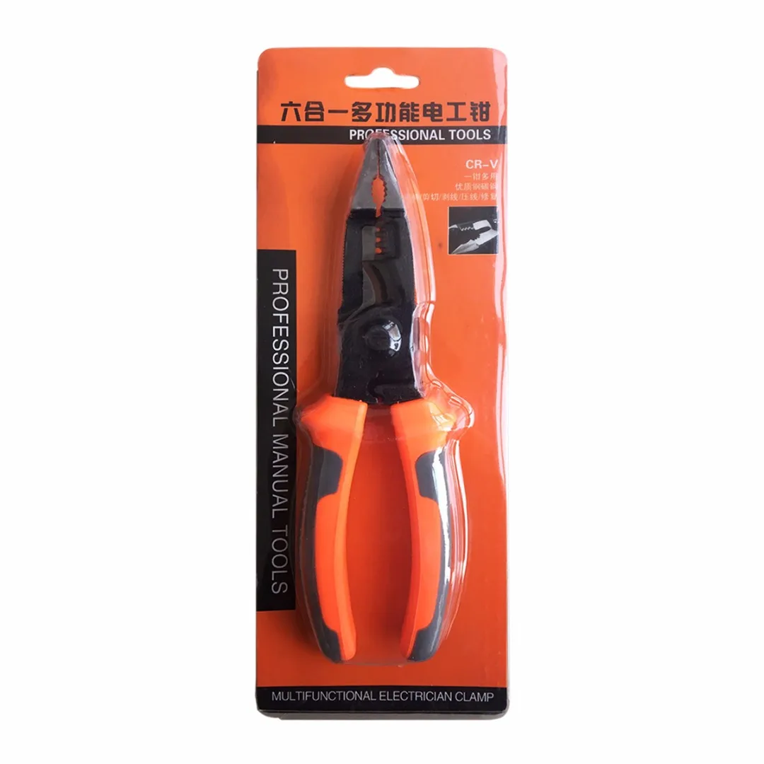 8" 6 In 1 Electrician Wire Stripper Multi Tool Pliers Scissors Cable Cutter Stripping Crimping Tools Oblique Crimping Pliers