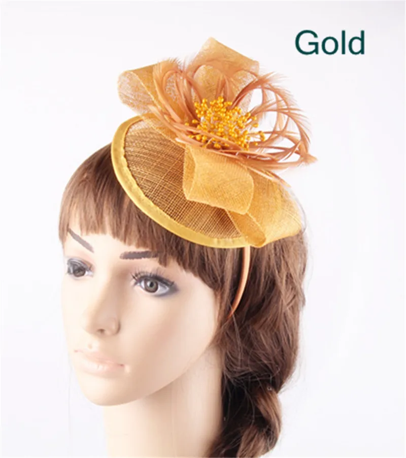 

17 Colors sinamay gold bases derby fascinators bow hats on hair bands elegant women fashion feather flower banquet headpiece