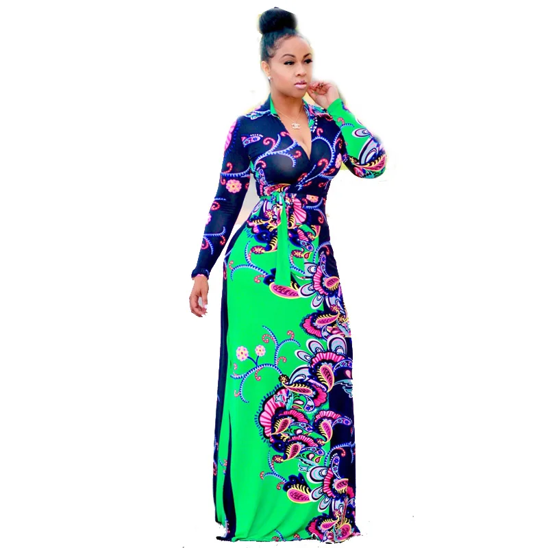 

Women Dresses Evening Party Long Sleeve Sexy V Neck Floral Printed Boho Fit and Flare African Plus Size Long Maxi Dress 451126