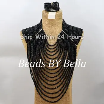 

Luxury Multilayer African Beads Jewelry Set Wedding Beads Necklace Set 16 Layers Black Crystal Jewelry Set Free Shipping ABC870