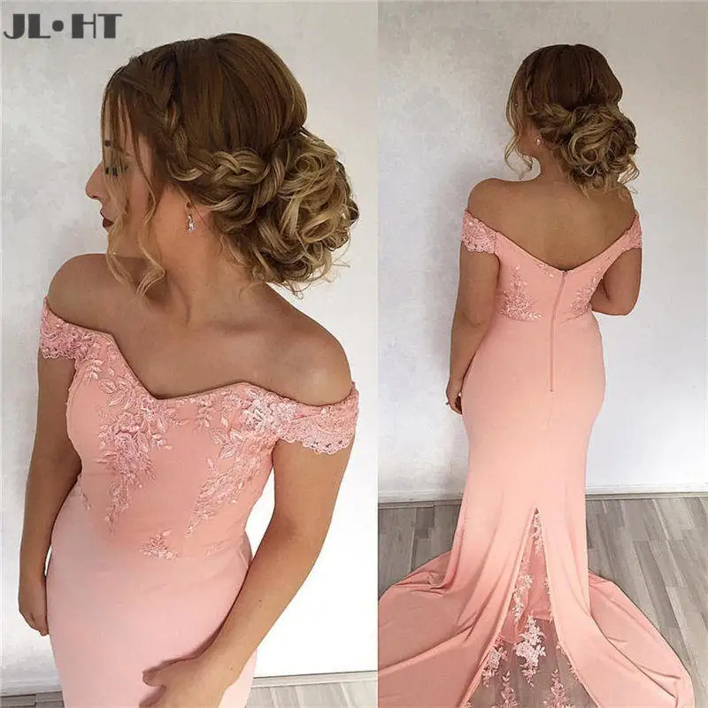 

Pink Elegant Evening Dresses Prom Gown Appliques Short Sleevs Elastic Satin Formal Occasion Off Shoulder Mermaid Evening Dress