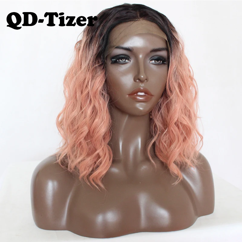 

QD-Tizer Black Ombre Pink Short Heat Resistant Hair Anime Cosplay Blogger Daily Makeup Synthetic Lace Front Wedding Party Wig