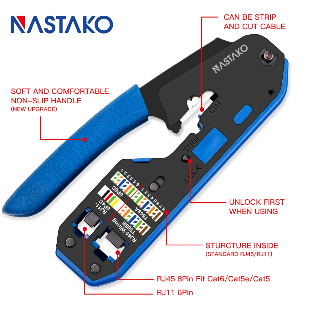 RJ45 Tool Network Crimper Crimping Tools Stripper Cutter Ethernet Cable Fit RJ45 Cat6 Cat5e Cat5 Cat3 RJ11 RJ12 Connector Blue