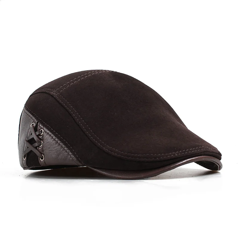 US $31.35 Ry0306 Fashion European Style Leather Caps Beret Man Casual Sheepskin Suede BlackBrown Fitted Duckbill Hats Male Boina