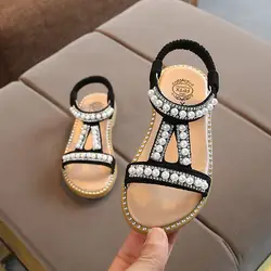 Новые летние сандалии в римском стиле для маленьких девочек детские пляжные сандалии для девочек жемчужное Бисер Туфли под платье Детская