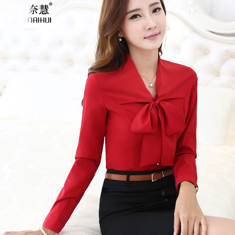 Women Tie Front Red Blouses With Bow Fashion Long Sleeve