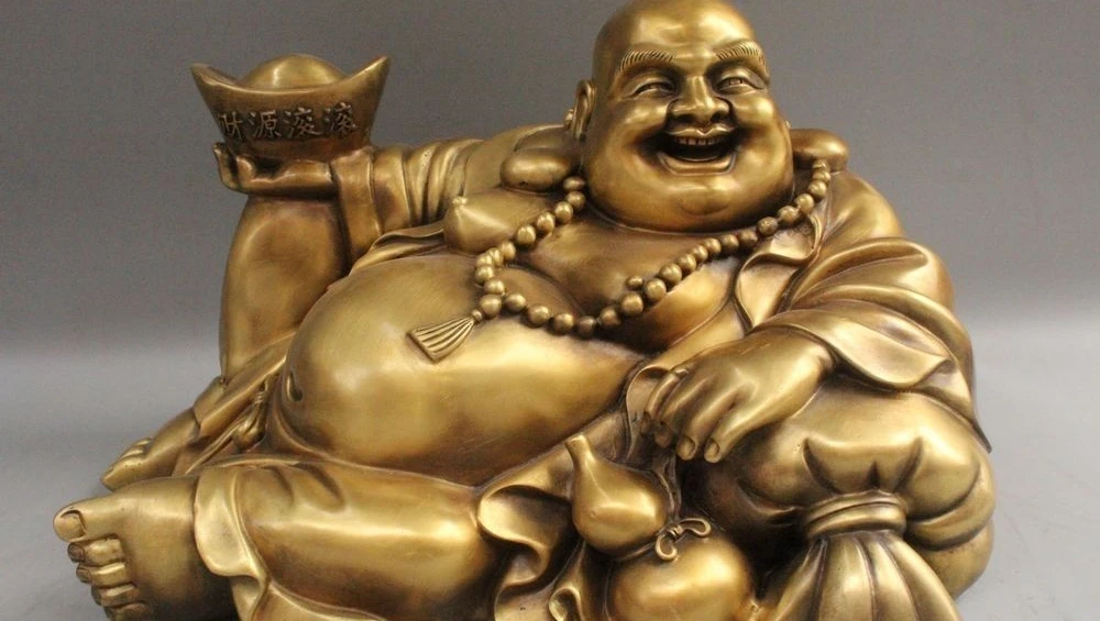 

8"Chinese Fengshui Copper Happy Laugh Maitreya Buddha With Money Statue