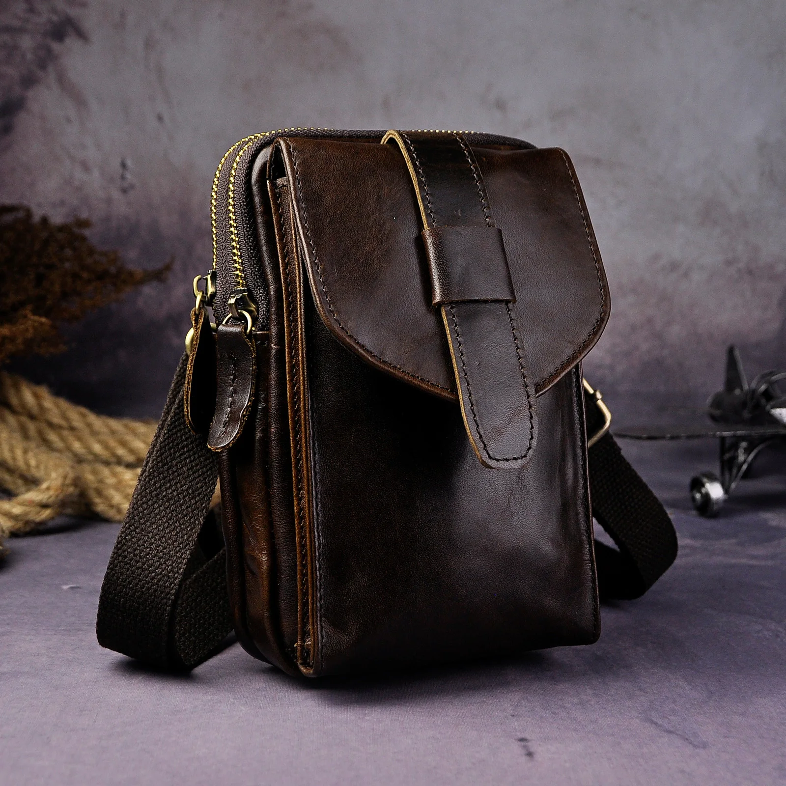 

Fashion Men Crazy Horse Leather Multifunction Shoulder Satchel Bag Design Travel 7" Phone Fanny Belt Waist Bag Pack b571-dc