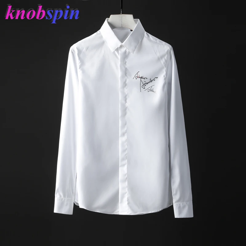 

Beading Letters design Men Shirt Solid color Pure Cotton Chemise homme Slim Casual Business male Dress Shirts 2019 long sleeve
