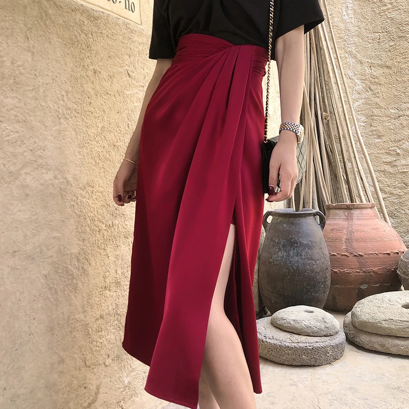 

Vintage Side Split Stain Skirts Women High Waist Irregular Sexy A line Mid Skirts Female 2019 Casual Solid faldas mujer moda