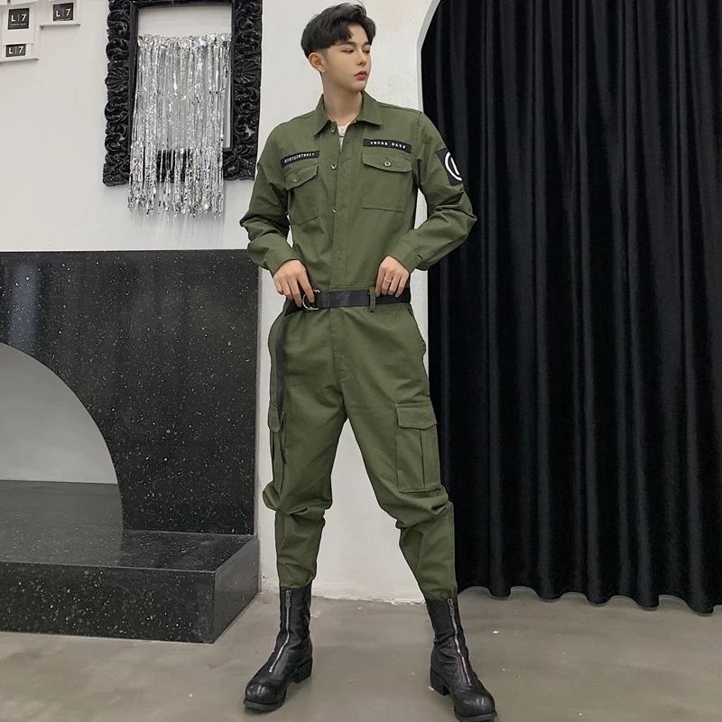 

Vintage Tooling Jumpsuit Men's 2019 Spring New Arrival Casual One Piece Overalls Hip Hop Loose Work Long Sleeve Rompers DS50405