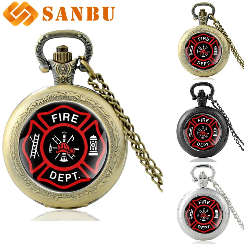 Винтаж США пожарных управление стекло кабошон кварцевые карманные часы черный цепочки и ожерелья кулон часы