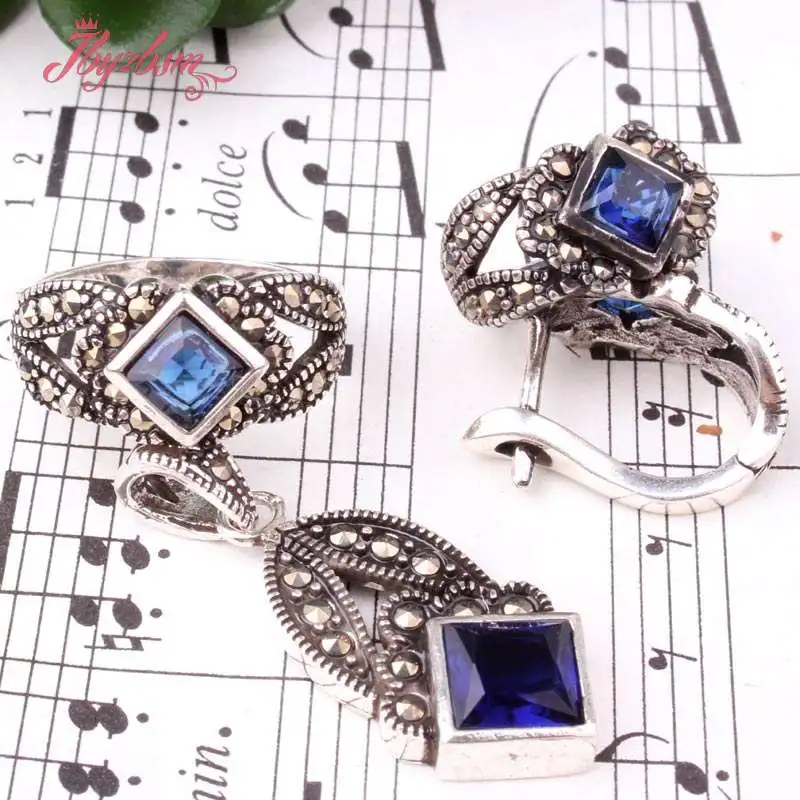 

Square Blue CZ Crystal Hand Mosaic Gem Stone Beads Tibetan Silver Fashion Style Earring Pendant Rings 1 Set,Free Shipping